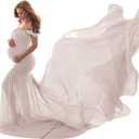 Women Maternity Dress for Photography Mermaid Off Shoulder Slim Fitted Chiffon Gown Flowy Baby Shower Maxi Photo Props Dress, One Size
