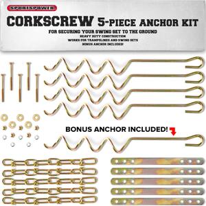 Sportspower MSC-5672 Deluxe Corkscrew 5-Piece Metal Ground Anchor Hardware Kit for Swing Sets and Trampoline - Gold