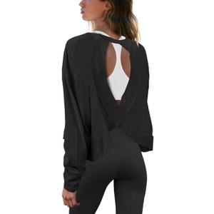 Panadila Womens Open Back Workout Top Long Sleeve Athletic Shirts Casual Crop Running Tee Y2k Yoga (Small, Black)