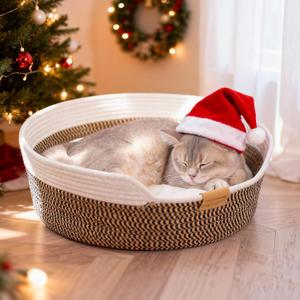 CHEERHOME PETS Cat Bed Basket with Cushion, Cute Pet Bed for Indoor Cats Couch, Kitten Bed for Medium and Large Cat, All Season Universal (Brown)