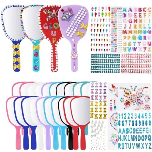 Lanboon Small Handheld Mirror with Handle Bulk Princess Mirror with Gem Rhinestone Stickers Mini Travel Makeup Mirror for Kids DIY Crafts Girls Party Favors (24, Bright Color)