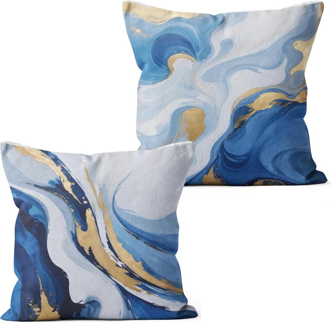 Modern Abstract Blue and Gold Pillow Covers 18x18, Modern Abstract Blue and Gold Decorative Throw Pillow Covers for Couch Bed Home Living Room Bedroom Decor, Set of 2