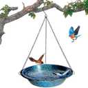 Hanging Bird Bath for Outdoors 11.4 inch Birdbath Bowl Window Birds Feeder with Rust-Proof Black Chains Hooks Metal Hanging BirdBaths Hanging Bird-Feeder for Garden Backyard Decor BlueBlack