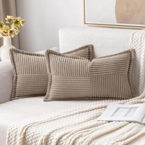 MIULEE Decorative Lumbar Throw Pillow Covers for Couch Bed Livingroom 12x20 Inch Set of 2 Light Brown Boho Accent Throw Pllows Broadside Striped Patchwork Soft Corduroy Pillowcases