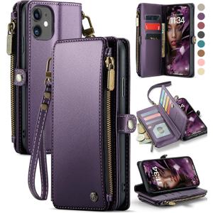 Defencase Compatible with iPhone 11 Case Wallet with RFID Blocking Card Holder for Women and Men, Fashion PU Leather Magnetic Snap Flip Zipper Strap Wallet Phone Case Fit for iPhone 11 6.1", Purple