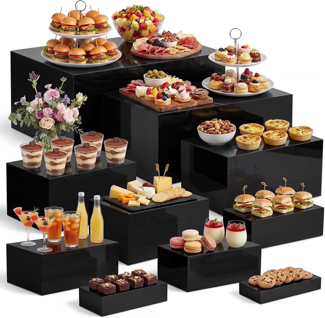 Leinuosen 10 Pcs Extra Large Acrylic Buffet Risers for Food Display Stands Box, Rectangle Catering Dessert Table Risers Decorative 7 to 16 Inch, Hollow Bottom for Weeding Brunch Party Supplies(Black)