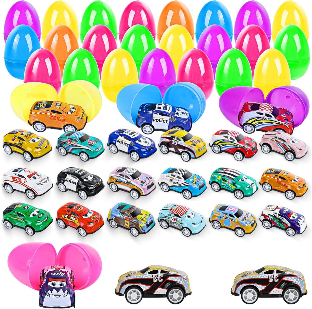24PCS Prefilled Easter Eggs with Pullback Cars and Planes Toys, Colourful Plastic Easter Eggs with Toys for Easter Egg Hunt, Easter Basket Filler Gift for Kids Boys and Girls, Easter Party Favor