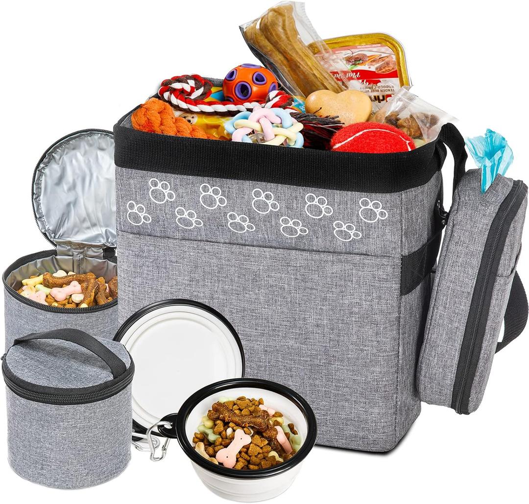 Dog Travel Bag with Treat Pouch, Airline Approved Dog Bags for Traveling, 2 Dog Food Travel Container, 2 Travel Bowls, Weekend Dog Travel Bag for Supplies, Dog Travel Kit Accessories (Small, Grey)