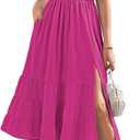 Linsery Women's Summer Square Neck Short Puff Sleeve Casual Smocked Flowy A Line Tiered Split Midi Dress (Pink, L)