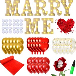 Proposal Decorations Set - LIKEYO Marry Me Light Up Letters with 24 Romantic LED Candles, 2000 Pcs Rose Petals, Red Carpet Aisle Runner 16 Feet, 1 Rose Ring Box and Balloons for Wedding Proposal Engagement