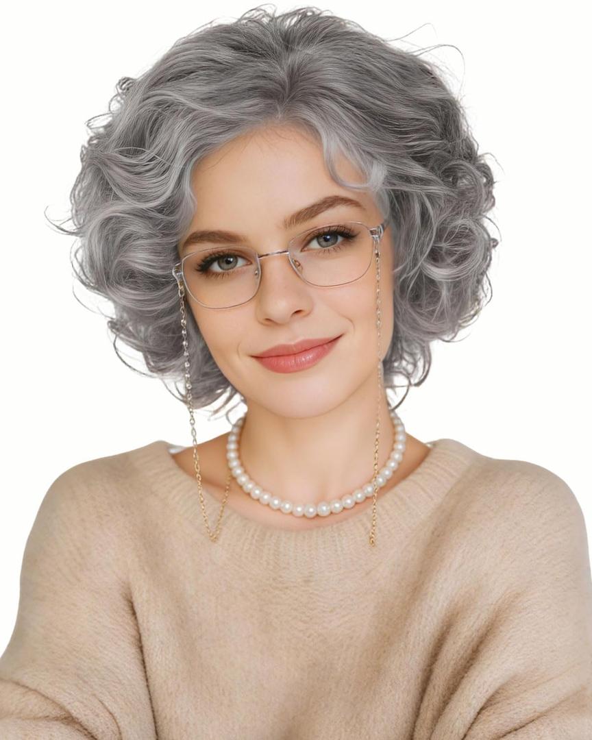 Old Lady Wig Costume Set for Women Grey Granny Wig Heat Resistant Synthetic Grandma Cosplay Wig for 100th Days of School Cosplay Halloween Party