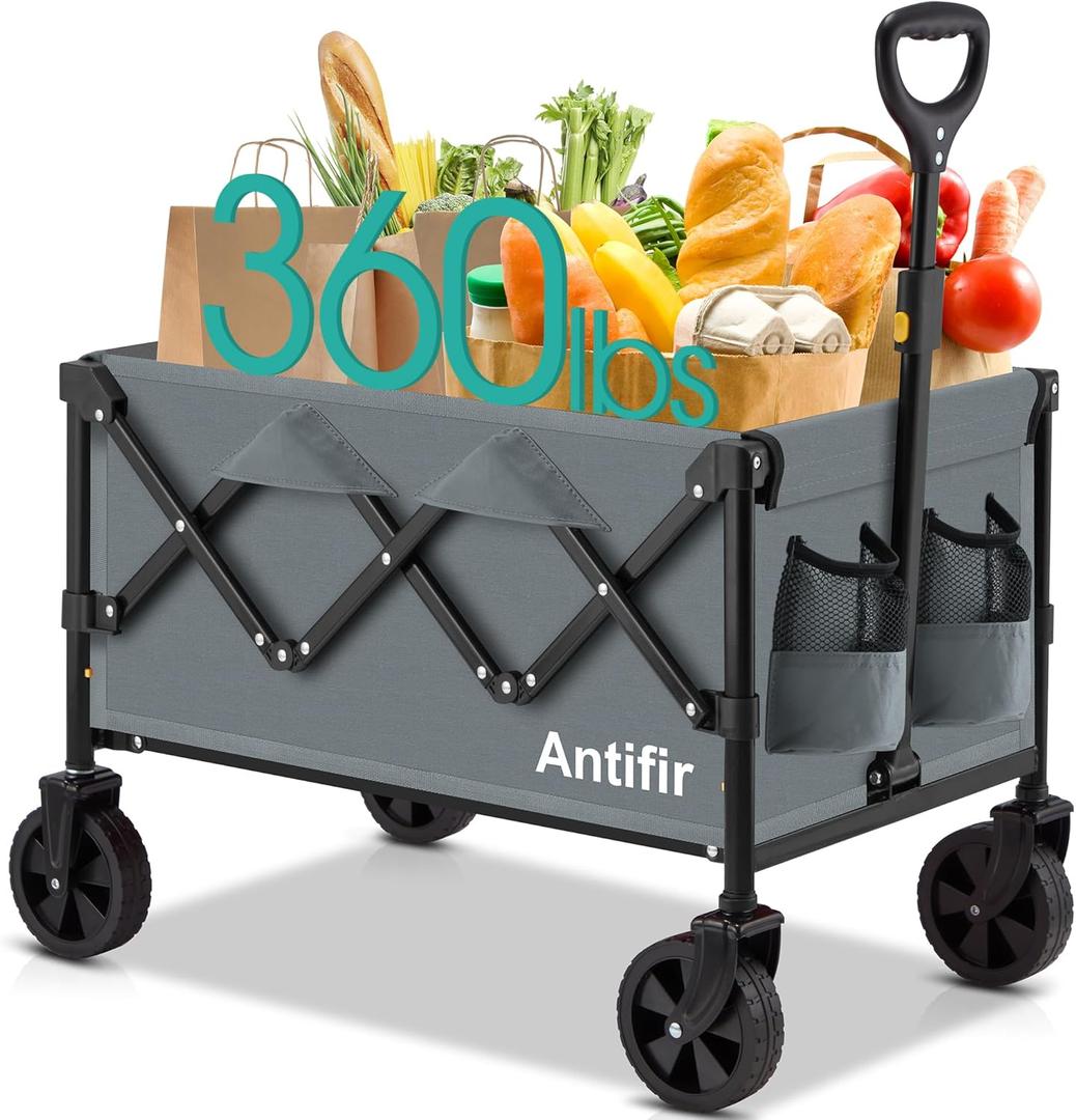 Collapsible Foldable Wagon with Wheels 360 LBS,Heavy Duty Folding Utility Cart for Groceries,Shopping,Garden,Camping,Outdoor,2 Drink Holders,Grey (Gray)
