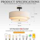 16.5 inch Semi Flush Mount Ceiling Light with Natural Linen Shade, 3-Light UL Listed Fixture with E26 Socket (No Bulb Included) for Bedroom, Kitchen, Living Room, 16.5"l X 16.5"w X 11.8"h