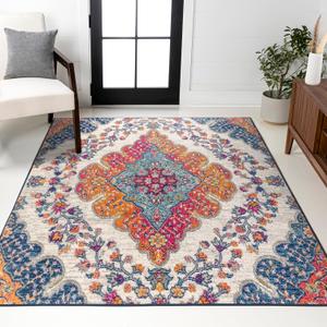 JONATHAN Y Boho Vintage Blue/Multi Indoor Area Rug, 5x8, Bohemian Flair Medallion, Floral Easy-Cleaning High Traffic for Living Room, Bedroom, Kitchen, Pet-Friendly, Non-Shedding (BMF106A-5)