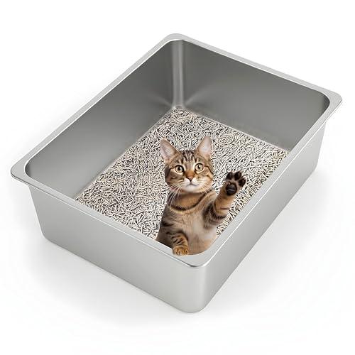 Kirecoo Stainless Steel Cat Litter Box XL- Metal High Sided Cat Pan, Large Stainless Steel Box, Indoor Litter Tray, Non Stick, No Smell, Easy to Clean, Pet Toilet Supplies for Kitten, Kitty, Rabbit