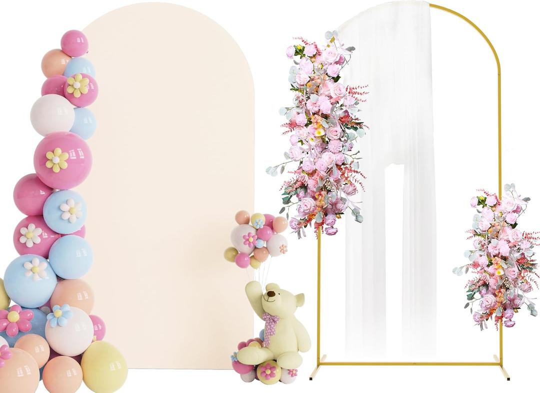 Putros 7.2ft Metal Arch Stand with Cover Beige Spandex Fitted Wedding Arch Cover and Round Top Chiara Backdrop Stand Set for Birthday Party Baby Shower Decoration