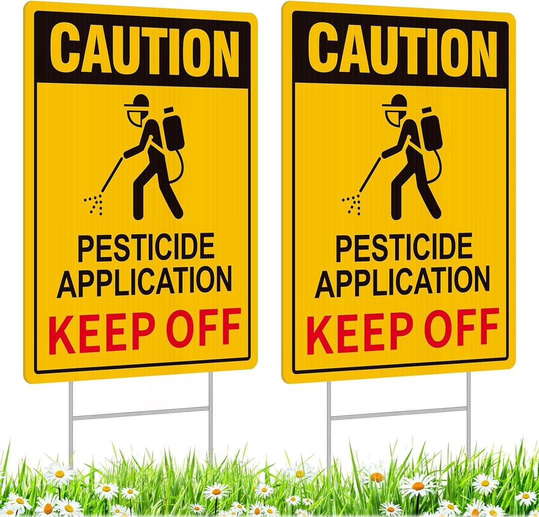 2 Pack Caution- Pesticide Application Sign Keep Off, Pesticide Signs for Lawn, Pesticide Flags for Lawn Warning, 12.6"x9.5" Corrugated Plastic with Stakes- Double-Sided- Easy Install