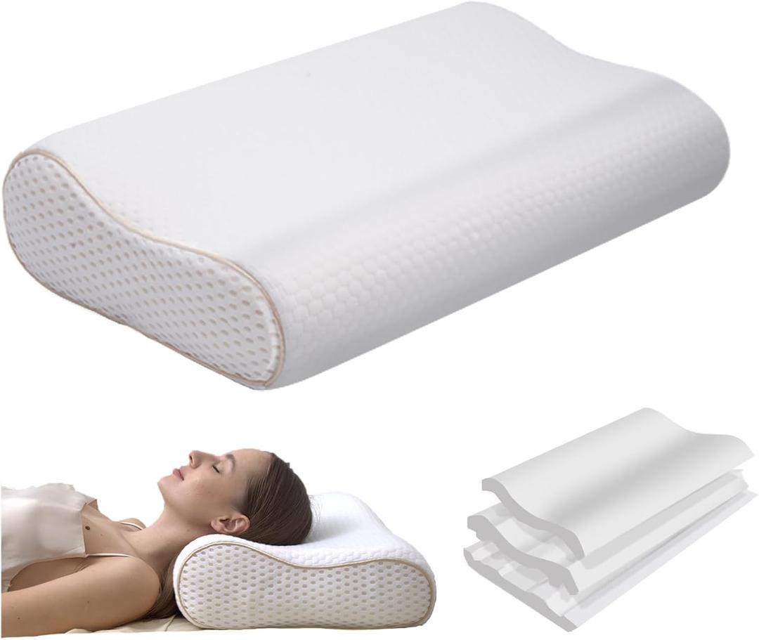 Ergonomic Memory Foam Neck Pillow Bed Pillow,Cooling Fabric,Adjustable Sandwich Pillow for Neck Pain Relief,Queen(23.6 x 13.8 x 4.7/4.1)