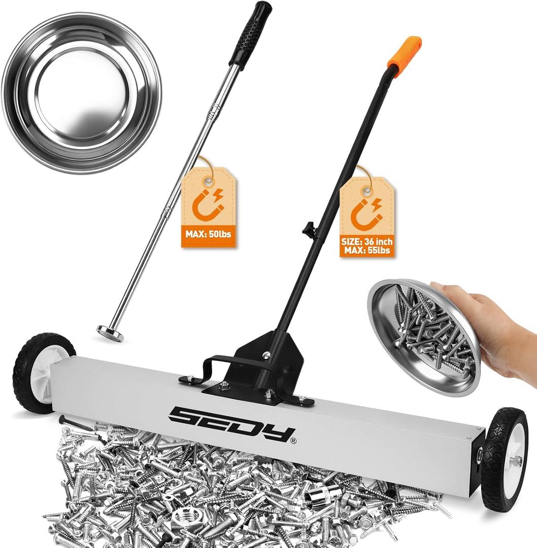 36-Inch Rolling Magnetic Sweeper | 40-Inch Telescoping Magnetic Pickup Tool | Magnetic Trays | 55-Pound Capacity Pick-up Sweeper for Nails, Screws & Metal Debris Workshop Garage Yard (3 Pack)