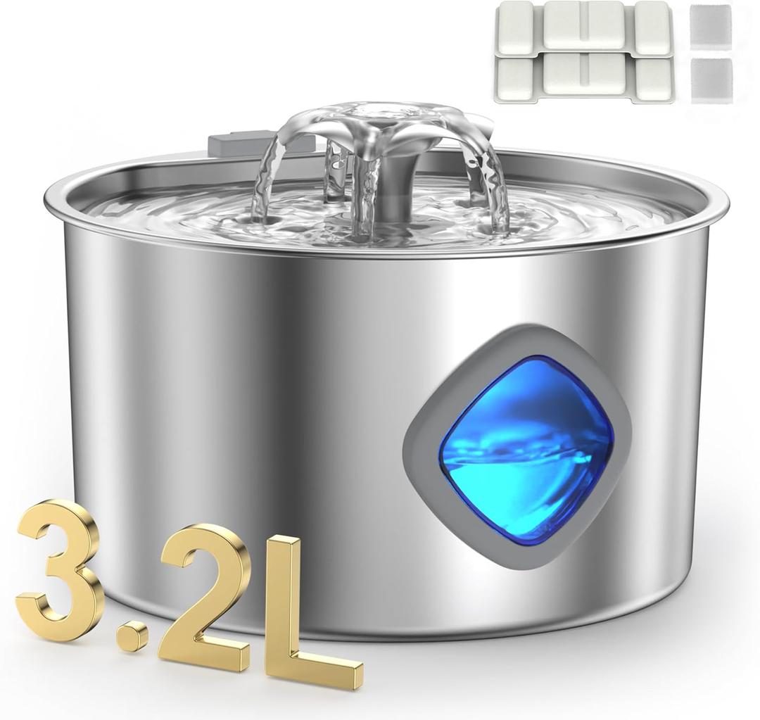Stainless Steel Cat Water Fountain with Silicone Mat & 2 Filters, 108oz/3.2L Automatic Pet Water Dispenser for Cats Dogs, Quiet Indoor Metal Drinking Bowl, Dog Fountains, Waterer