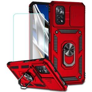Vokuha Case for Xiaomi Poco X4 NFC Case with Tempered Glass Screen Protector and Slide Camera Cover, 360° Rotate Ring Stand Magnetic Cover for Xiaomi Poco X4 NFC Red