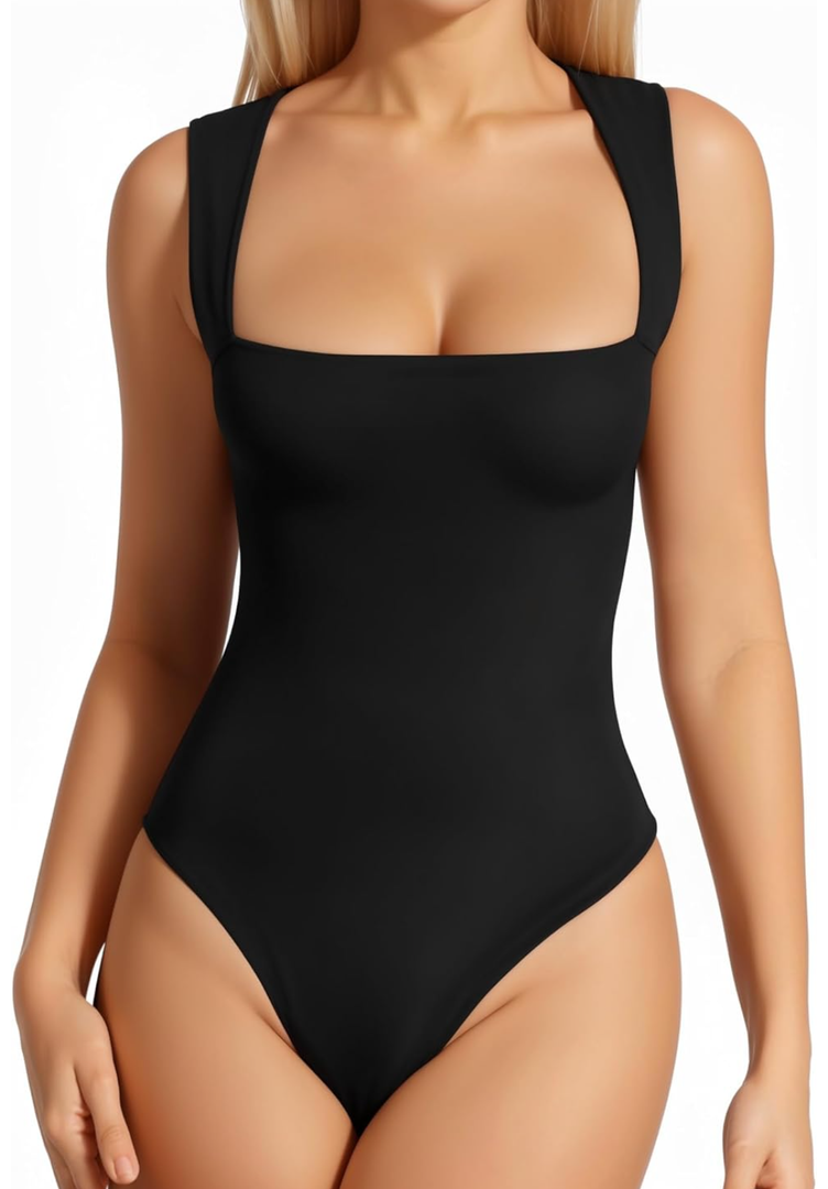 MANGOPOP Women's Square Neck Long Sleeve Tank Top Bodysuit Sexy Double Lined Sleeveless Thong Body Suits Going Out Tops Black M