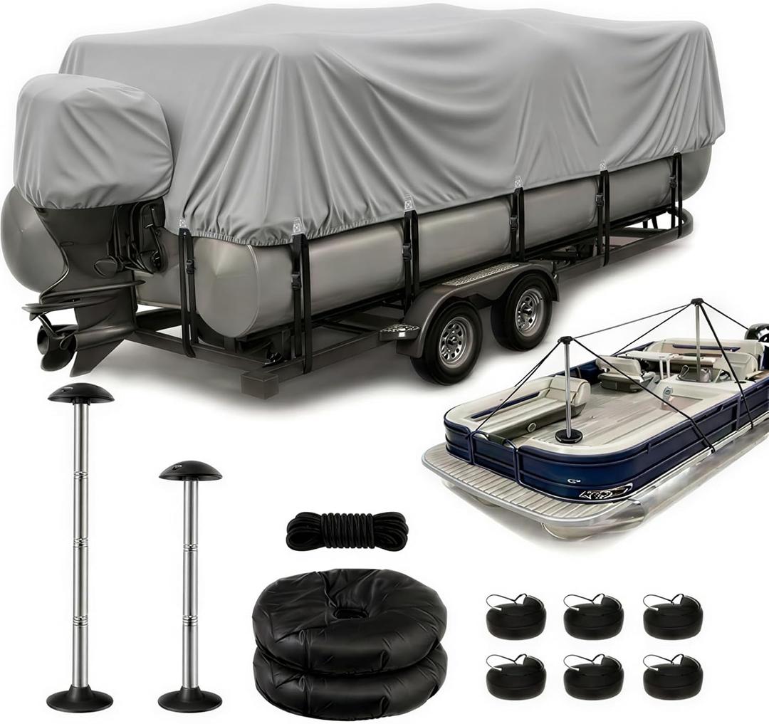 Heavy Duty Pontoon Boat Cover with Support Poles - 1200D Waterproof Pontoon Boat Cover 17-20 ft, Includes Motor Cover & 14 Tie-Down Straps for Windproof Storage and Trailering, Gray
