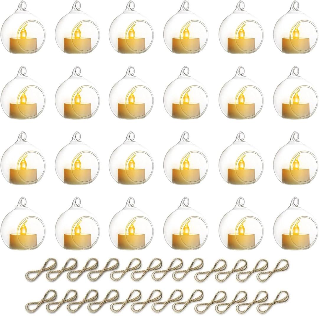 NUPTIO Hanging TeaLight Candle Holder: 24Pcs 2.36in Tree Tea Light Holders with LED Candles Small Glass Globes Ornament Clear Round Mini Terrarium Containers for Wedding Party Tree Decoration