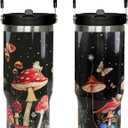 30oz Mushroom Tumbler with Handle and Straw, Mushroom Insulated Leak Proof Travel Coffee Mug, Reusable Stainless Steel Tumbler for Mushroom Lovers, Mushroom Gifts for Women (black red)