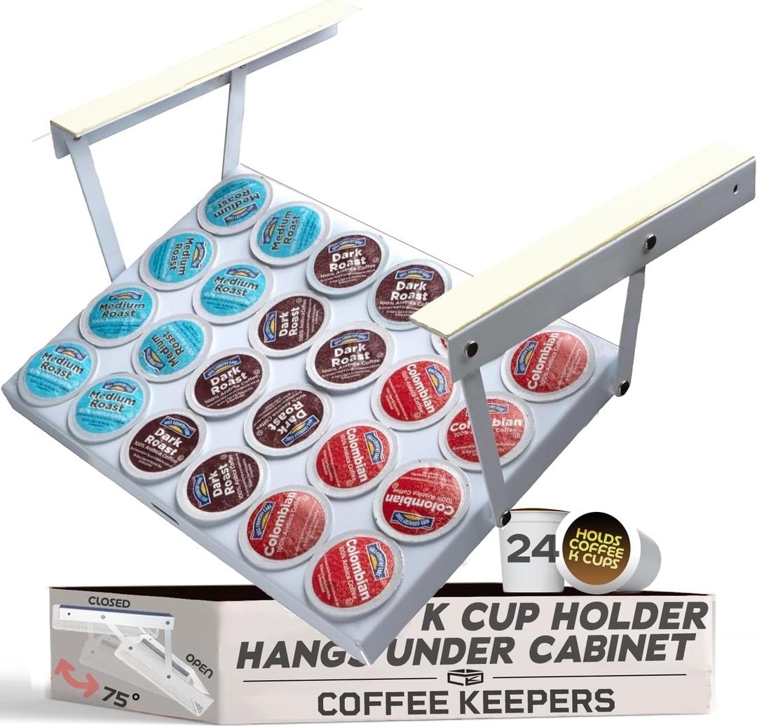 Under Cabinet K Cup Holder 24 Pods  Space-Saving Coffee Pod Holder, Steel Construction  Keurig Pod Organizer for Small Spaces  Kcup Holder with Screws & Adhesive for Easy Installation - WHITE (White - 13" x 9" x 1")