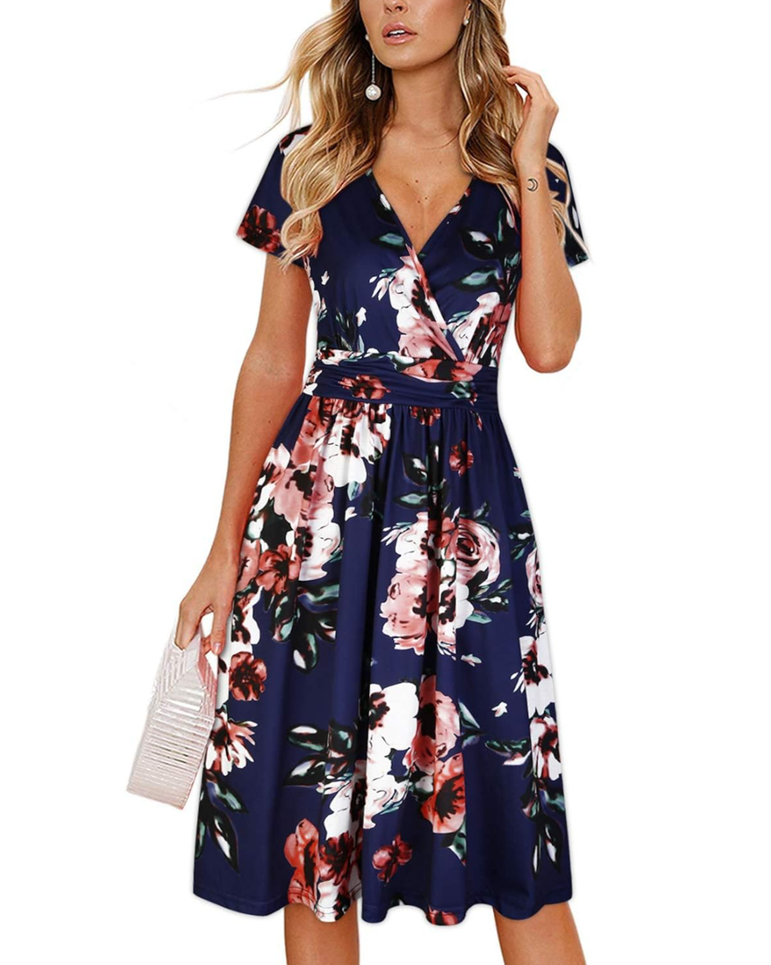 OUGES Women's Summer Short Sleeve V-Neck Floral Short Party Dress with Pockets, XL