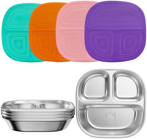 Set of 5 Snack Containers,Stainless Steel Kids Plates,Stainless Steel Toddler Plate with Silicone Lids- Reusable Meal Prep Lunch Containers for Kids Non Toxic & 100% BPA Free