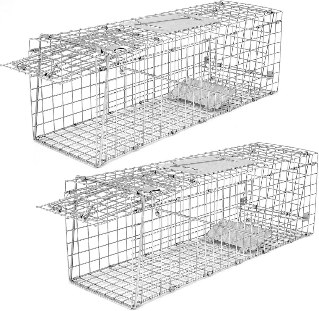 Qualirey 2 Pack Live Animal Trap Cage 24.41 x 7.09 x 8.27 Inch Cat Trap Cage Foldable Steel Humane Catch and Release Animal for Groundhog Squirrel Raccoon Mole Gopher(Silver)