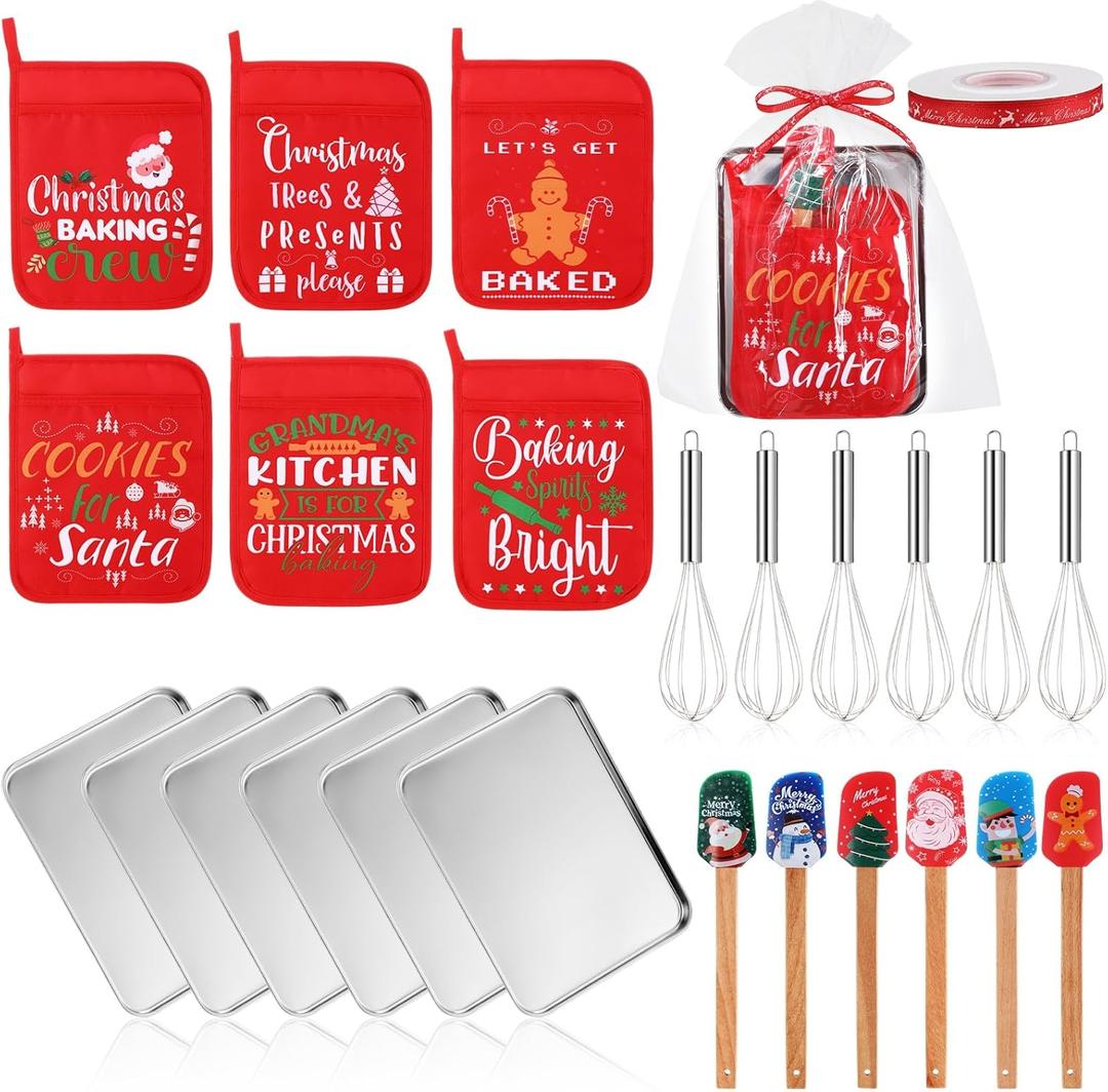 Kritkin 30 Pcs Christmas Kitchen Gift Set Christmas Silicone Spatulas Pot Holders Xmas Cooking Baking Supplies Gift with Pocket Baking Sheet Whisk Spatula for Xmas Party Decor(Retro Style)