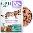 Optimeal Grain-Free Wet Cat Food Pouches Beef & Rabbit in Savory Gravy, High Protein & Moisture-Rich Tender Morsels, Indoor Adult Cat Food Wet with Natural European Ingredients, 3 oz (Pack of 12)