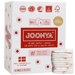 Joonya Baby Diapers, Size 4 L (15-31 lb) - 6 Bags of 25 (150) - New Range - NonToxic, Eco-Friendly, Ultra Slim, Overnight Use - Made in Denmark