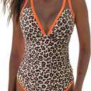 popvil Women's One Piece 2025 Tummy Control Swimsuits Neon Color Block Swimwear Deep V Neck Slimming Bathing Suit (Large, Leopard)