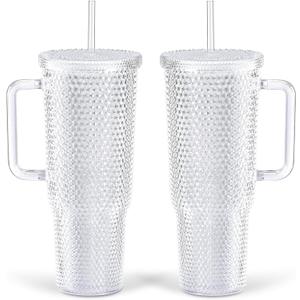 40 Oz Studded Tumbler with Handle, 2 Pack White Acrylic Bling Cup With Lid And Straw, BPA-Free Plastic Coffee Travel Cup Mug for Juice, Milk, Smoothie, Soda