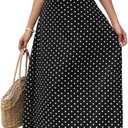 Milumia Women's Polka Dots Lace Trim Deep V Neck Dress Short Sleeve Flared Long Dresses (Medium, Black)