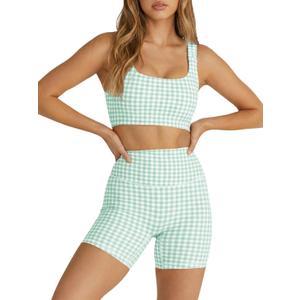 Aoysky Womens Workout Gingham 2 Piece Outfits Padded Open Back Crop Tank High Waist Sports Shorts Sets Yoga Matching Sets (Green, L)