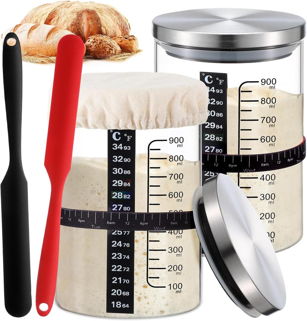 Potchen 2 Set Sourdough Bread Starter Kit 34oz Sourdough Starter Kit with Thermometer Scraper Cloth Cover and Lid Wide Mouth Sourough Bread Baking Supplies(Retro Style,Silver)