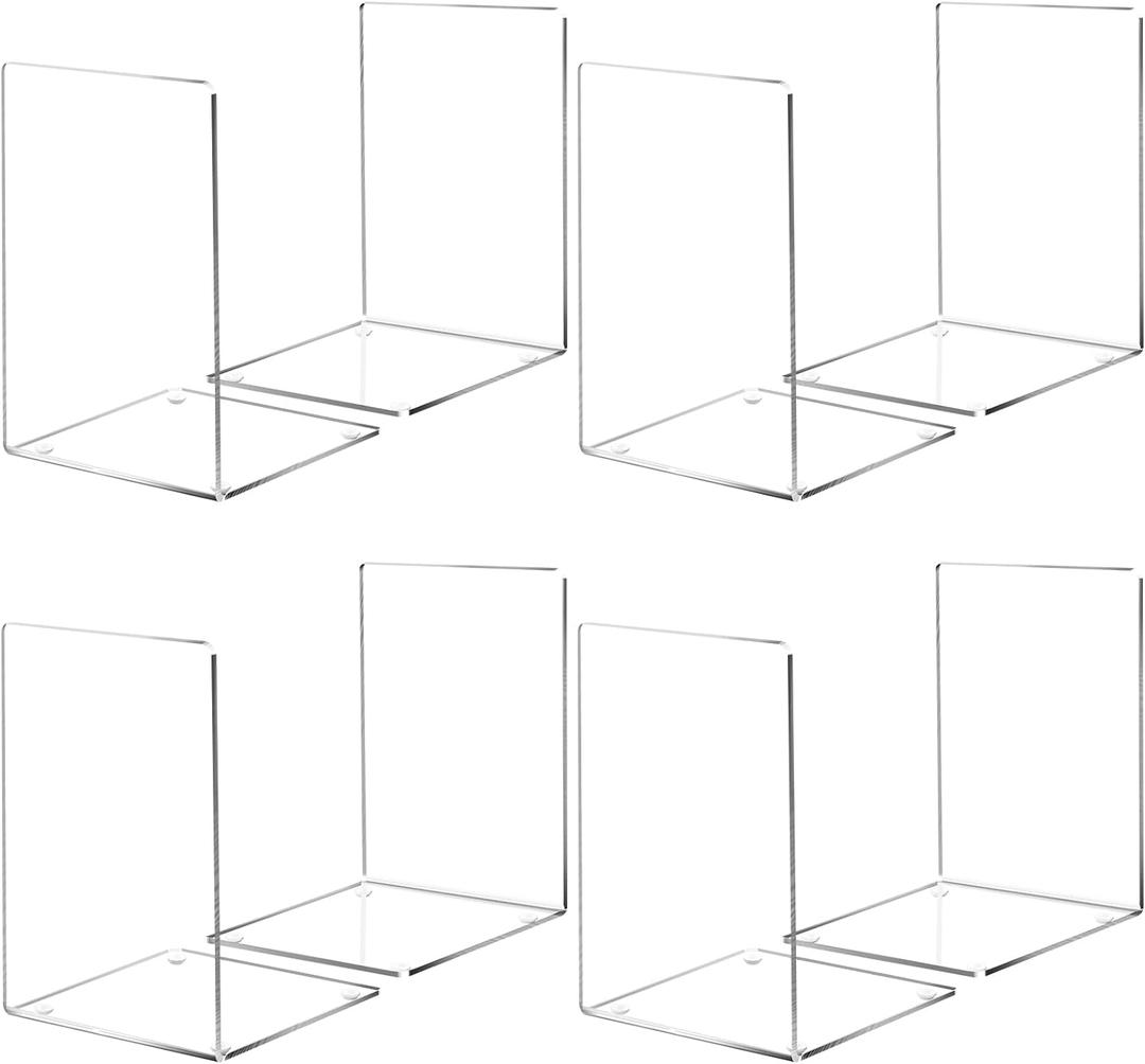 HappyHapi Book Ends, 8 Pcs Book Ends Acrylic Bookends for Shelves, Clear Book Holder Stand, Non-Skid Decorative Bookend, Study Book Organizer for Home Library Office, 5 x 5 x 7.3 inch