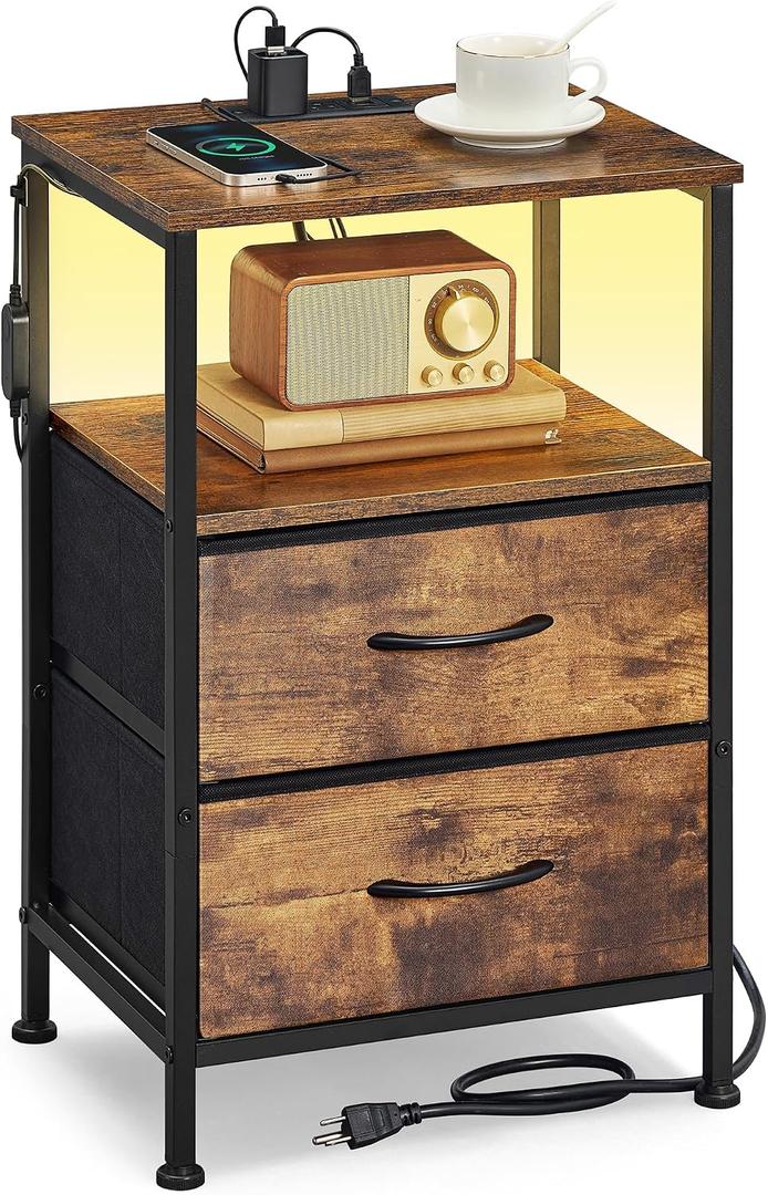 SONGMICS Nightstand with Charging Station, 2 Fabric Drawers