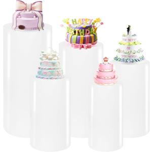 Premium Cylinder Pedestal Stands, Set of 5 Reusable Metal Round Cylinder Plinths Dessert Table Display Pillars for Birthday Wedding Bridal Baby Shower Party Decorations (White)