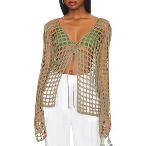 Saodimallsu Womens Long Sleeve Swimsuit Coverup Crochet Hollow Out Tie Front Swim Cover Up Knit Cardigan, Medium