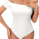 Rooscier Women's Sexy Off The Shoulder Short Sleeve Bodysuit Basic Double Lined Thong Body Suit Tops (White, M)