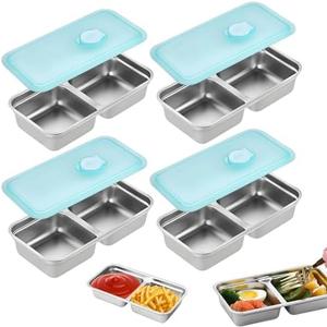 Grab and Go Snack Containers Reusable, 4 Pcs Stainless Steel Double Compartment Snack Containers, Dishwasher- Reusable Condiment with Lids, Snacks Dips Takeout Travel and Outdoor Camping