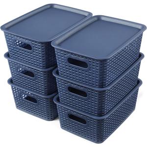 6 Pack Plastic Storage Baskets With Lids,Breathable Stackable Storage Bins with Fine Glitter,Small Storage Containers,Organizing Storage Baskets for Desktops,Closets,Playrooms,Offices,Navy Blue