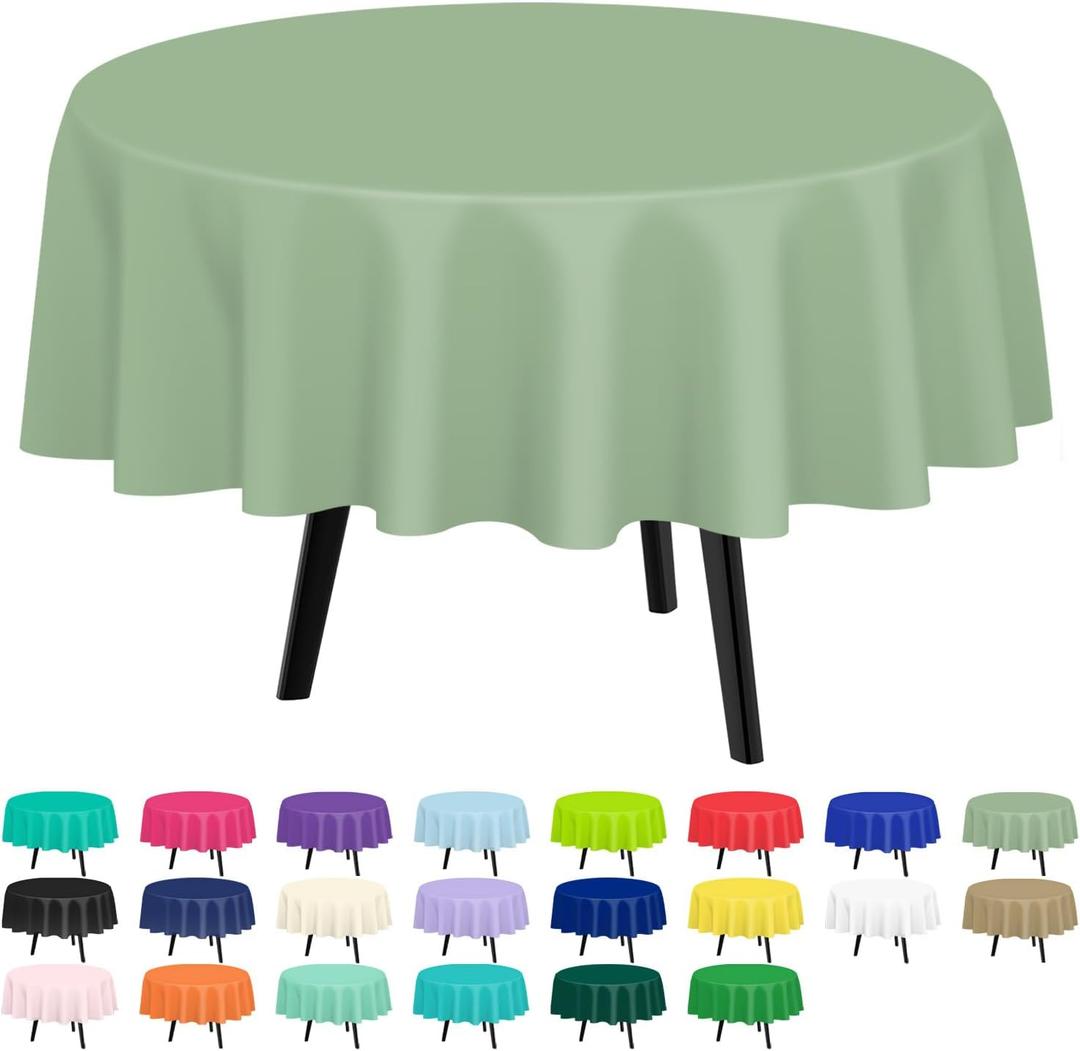 QIKSION Sage Green Round Tablecloth 6 Pack, 84 Inch Plastic Table Cover Disposable for Parties
