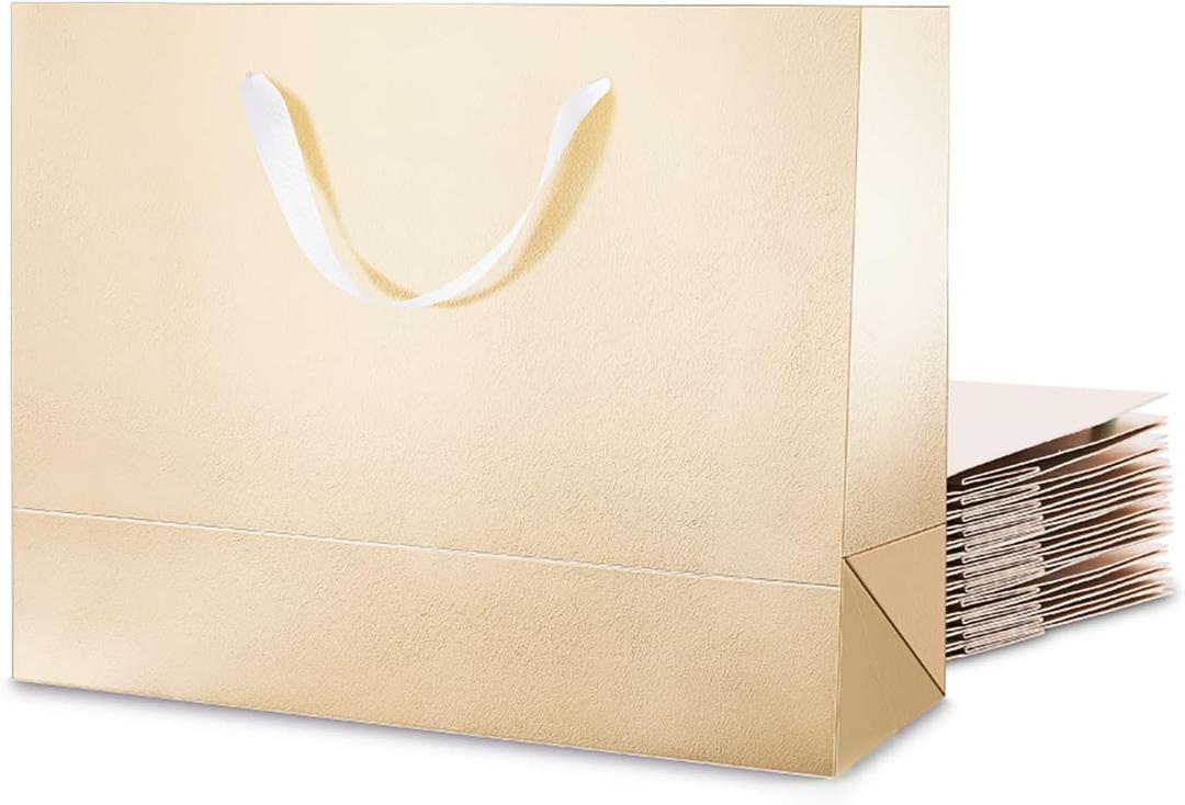 12 Large Gift Bags 13x5x10 Inches, Luxury Large Gift Bags with Handles for Thanksgiving Day and All Occasions (Champagne Gold with Grass Texture), 12 Count